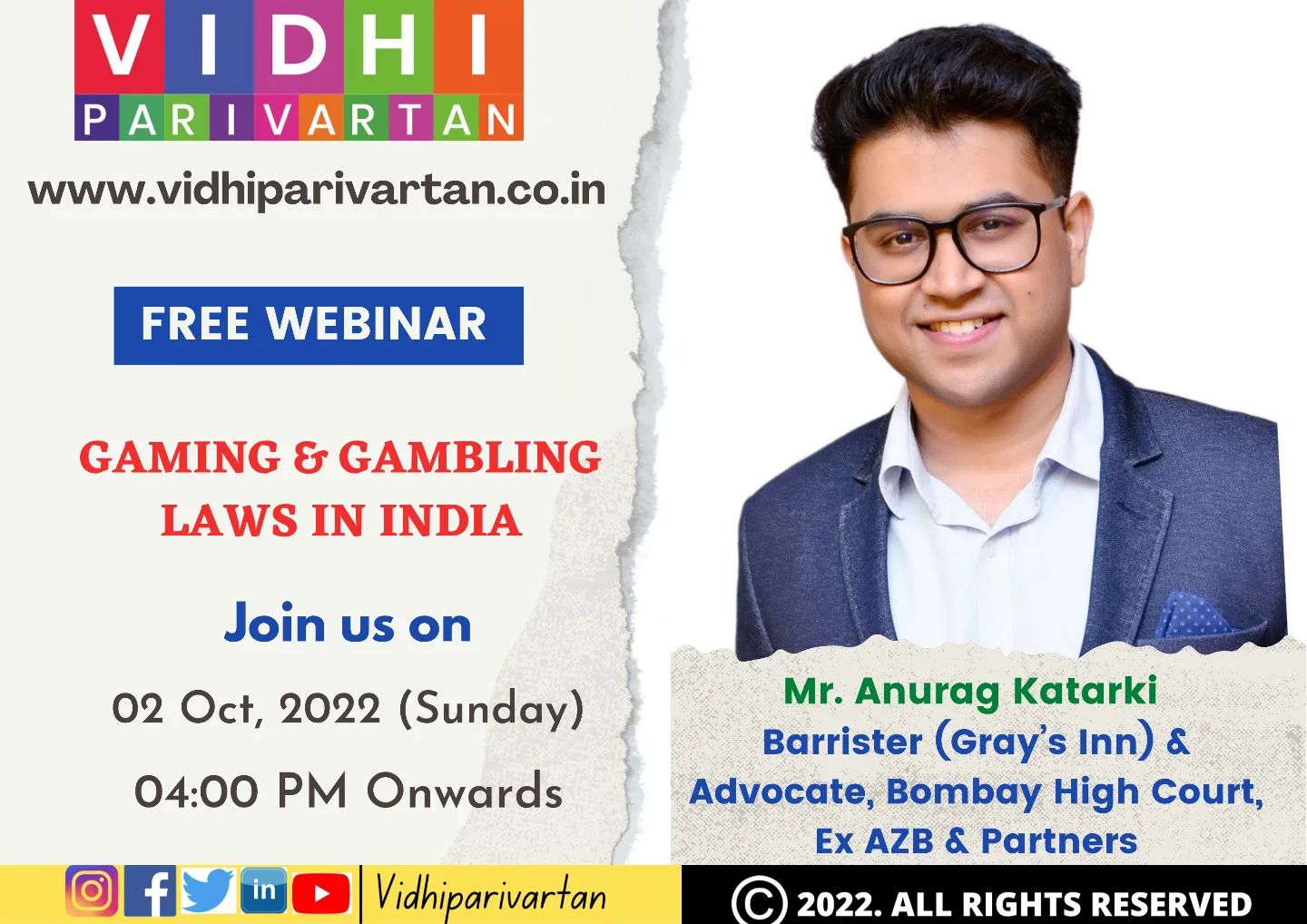 How frequently have you heard of or played "Teen Patti," "Rummy," "Poker," or other games of a similar nature? Assuming 80% of people gamble for entertainment, what will happen to the other 20% who may be caught and lose everything they have? 

Do you have a thorough understanding of gaming and gambling laws? This webinar session is for you if the response is NO.

The webinar aims to study the main concepts and structure of Indian gaming and gambling regulations, explain how they are enforced, and provide comprehensive, career-oriented knowledge for acquiring competence in this area. 

For more information and link to registration form, click on this link - https://vidhiparivartan.co.in/event/vidhi-parivartans-webinar-on-gaming-and-gambling-laws-in-india/

Guest Speaker - Anurag Katarki 

 #career #webinar #people #gaming #entertainment #gambling #laws #india #register