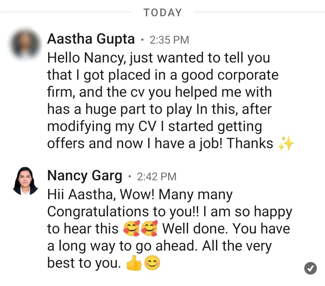 Who could be happier than me to learn that my clients who availed my CV and cover letter drafting services are now getting placed at good law firms? 😍

Received this wonderful news a short while ago in my LinkedIn chatbox. Aastha, I'm really delighted for you. Proud for you! ✨

These 2 documents, as I constantly say, have the power to alter the course of events and can change the entire game of selection process!

If you're having trouble finding internships or a job, get in touch with me right away and send me a message in my inbox.

 #lawfirms #chambers #law #legal #job #internships #cv #coverletter #drafting #service #career #developmemt #connect #grow #instagram