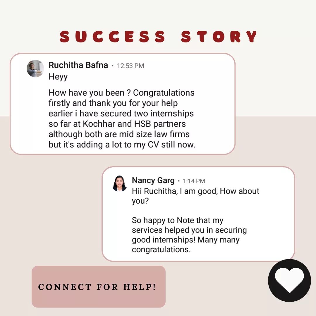 Happiness is receiving these messages from your clients! 

This mentee approached me and mentioned that 'I don't have a strong CV. What do you think about it? Is it good enough to apply for internships in corporate law firms now?'

I drafted a professional CV and a personalized cover letter for her and then told her to intern following a hierarchy. Start from basic and Boutique law firms, move to mid size firms and then to top tier firms. 

She followed the instructions so properly that she has come so far now. Many Congratulations to her for her well deserved success! 

If you are someone who is looking to grab some good Internship/job opportunities, feel free to get in touch with me anytime! 

 #success #internship #jobopportunities #intern #internships #cv #lawfirms #coverletter #drafting #happiness #connect