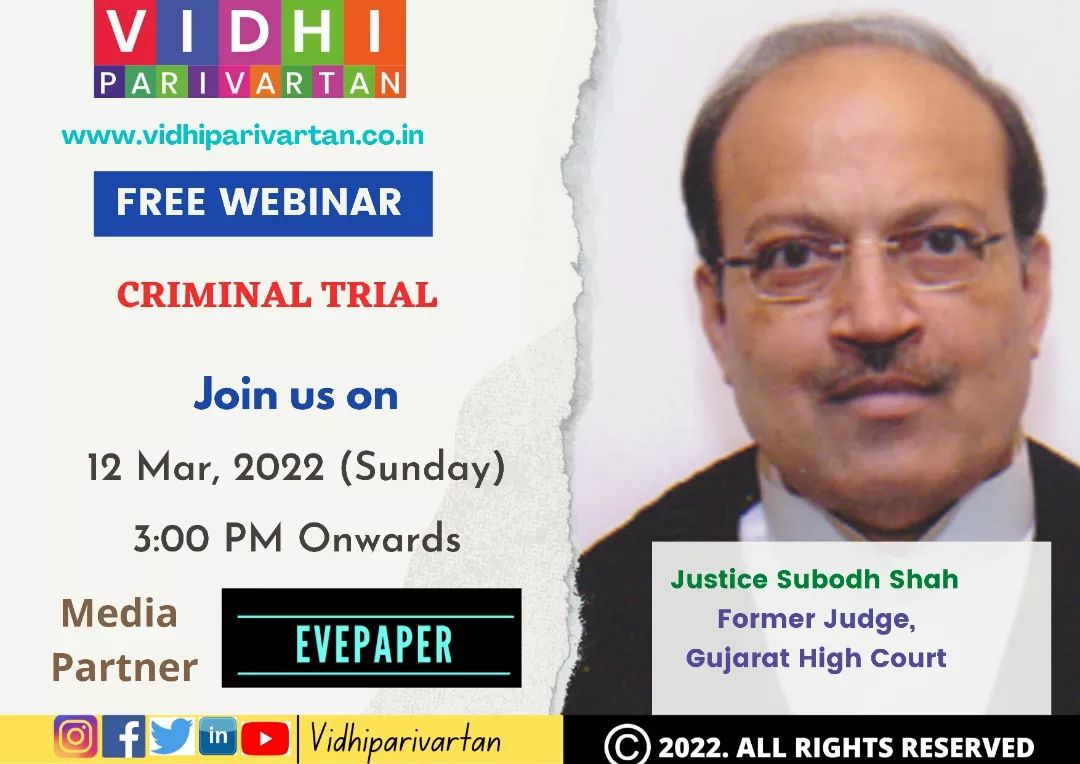 Want to learn about the detailed procedures and technicalities involved in a criminal trial directly from a very renowned judge? This is the opportunity! 

Through the means of this webinar, we at Vidhi Parivartan aim to discuss Criminal Trials in India in detail. Therefore, make sure that you attend the webinar for an informative session.

GUEST SPEAKER
Justice Subodh Shah
Retired Judge, Gujarat High Court

For more details and link to registration form, click here - http://vidhiparivartan.co.in/event/vidhi-parivartans-webinar-on-criminal-trial/

Link in bio 

Register immediately! Limited seats. 

 #opportunity #webinar #india #law #legal #webinar2022 #event #event2022 #lawstudents #lawyers #crime #criminal #trial #criminallawyer #defenselawyer #judge #procedure #technicality #register #registernow
